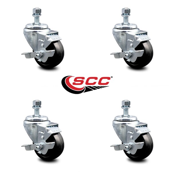 Service Caster 3.5 Inch Hard Rubber Wheel Swivel 10mm Threaded Stem Caster Set with Brake SCC-TS20S3514-HRS-TLB-M1015-4 - main